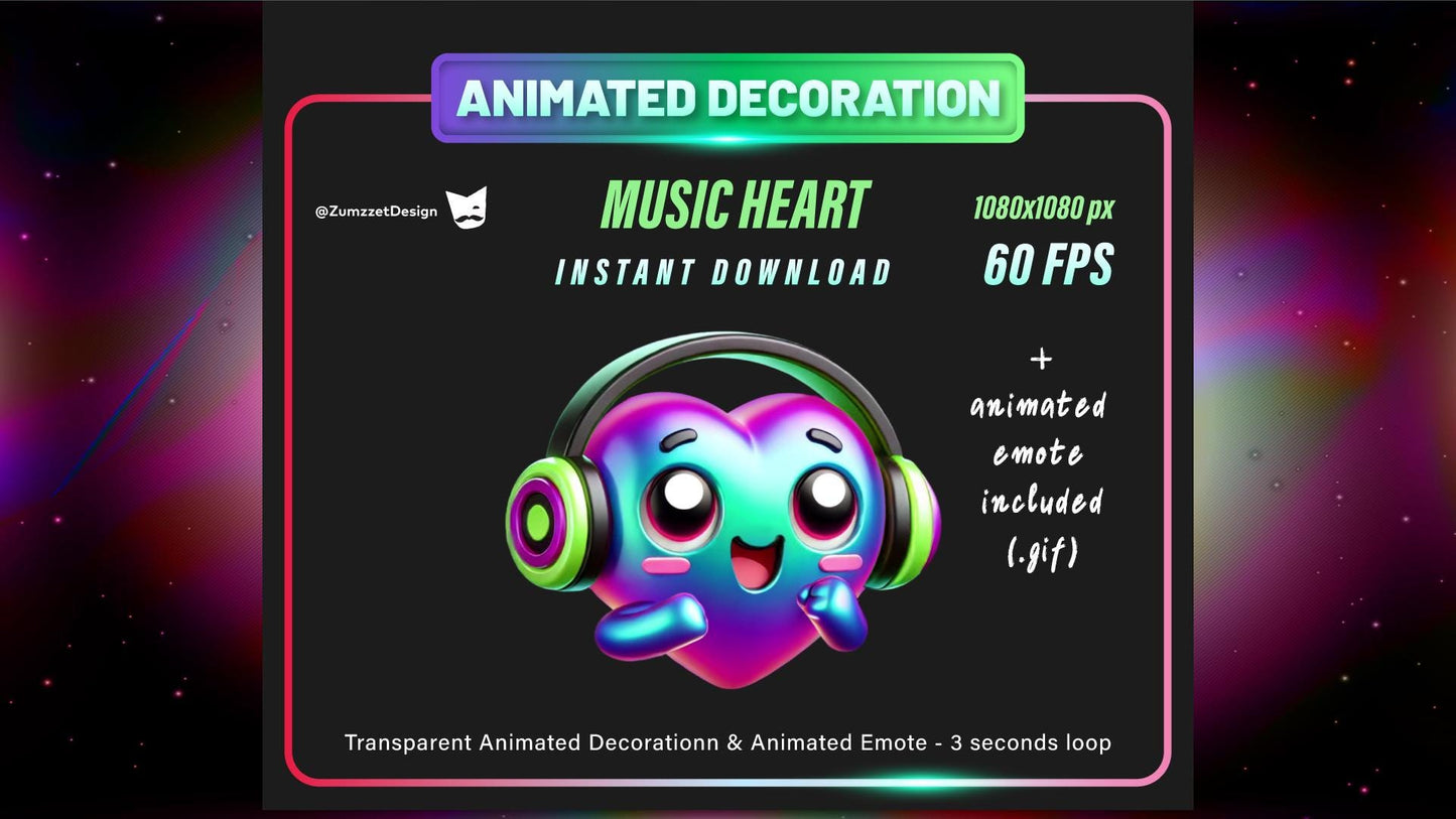 ANIMATED DECORATION and EMOTE Dancing Heart for Twitch, Techno Emote, Stream Emotes, Glowing Emote, Music Emote, Streaming Assets