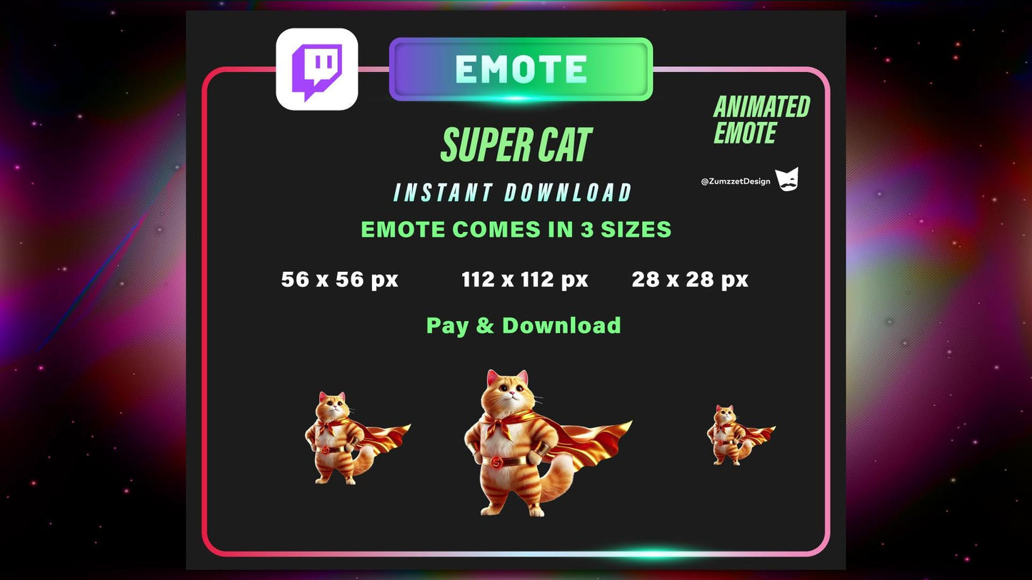 ANIMATED DECORATION and Emote Super Hero Cat Stream, Transparent Background WEBM Seamless Loop Overlay, Streaming Assets