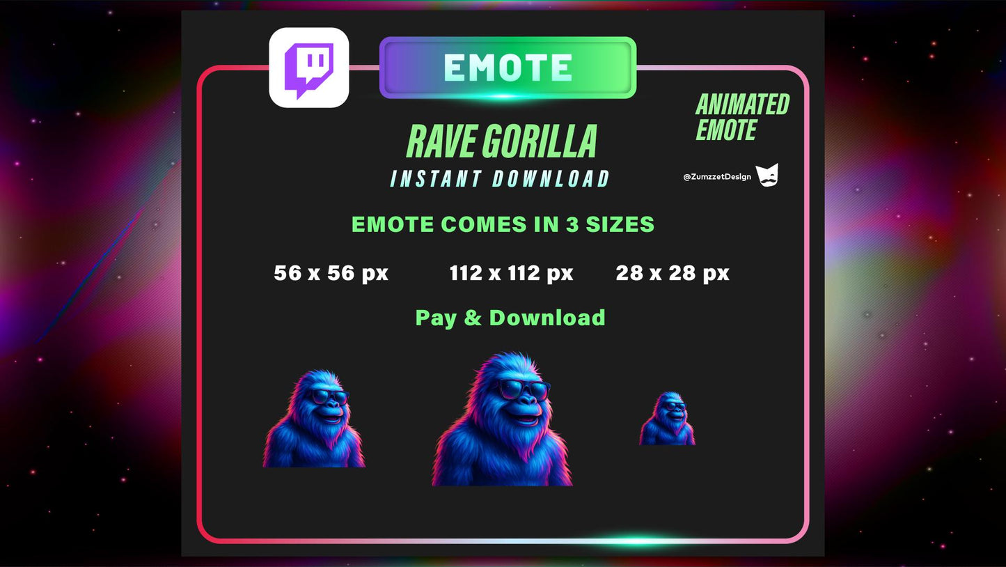 ANIMATED Gorilla Emote for Twitch, Streamer, Gaming, Streaming, Stream Emotes, Glowing Emote, Music Emote