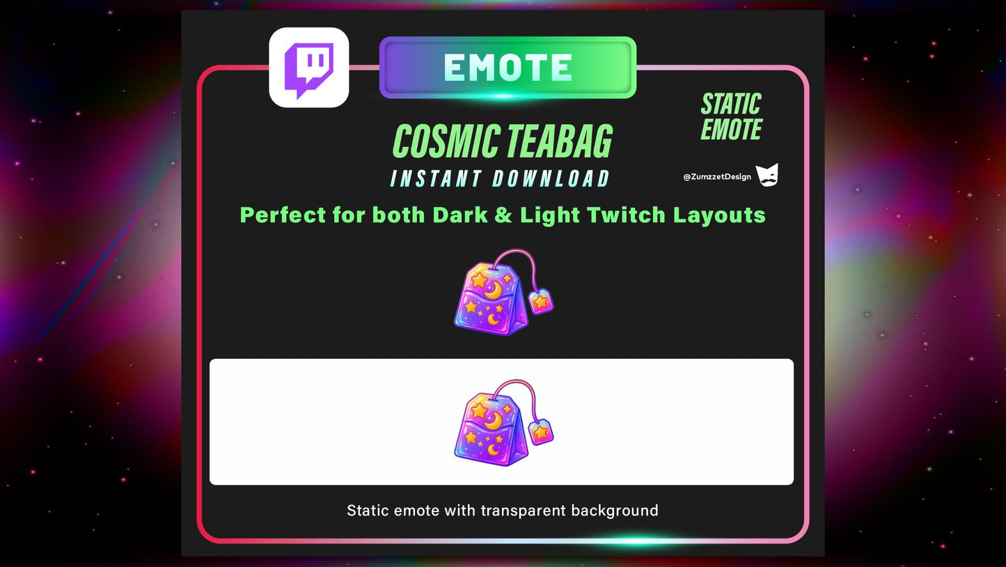 STATIC Cosmic TeaBag Emote Set for Twitch, Streamer RPG, Celestial, Space Emotes, Stream Emotes, Purple Drink Emote