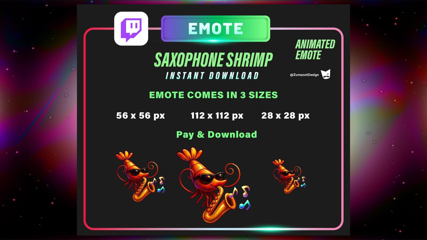 ANIMATED Saxophone Shrimp Emote Set for Twitch, Streamer, Stream Emotes, Party Emotes, Jazz Emotes, Music Emote, Dancing Emote