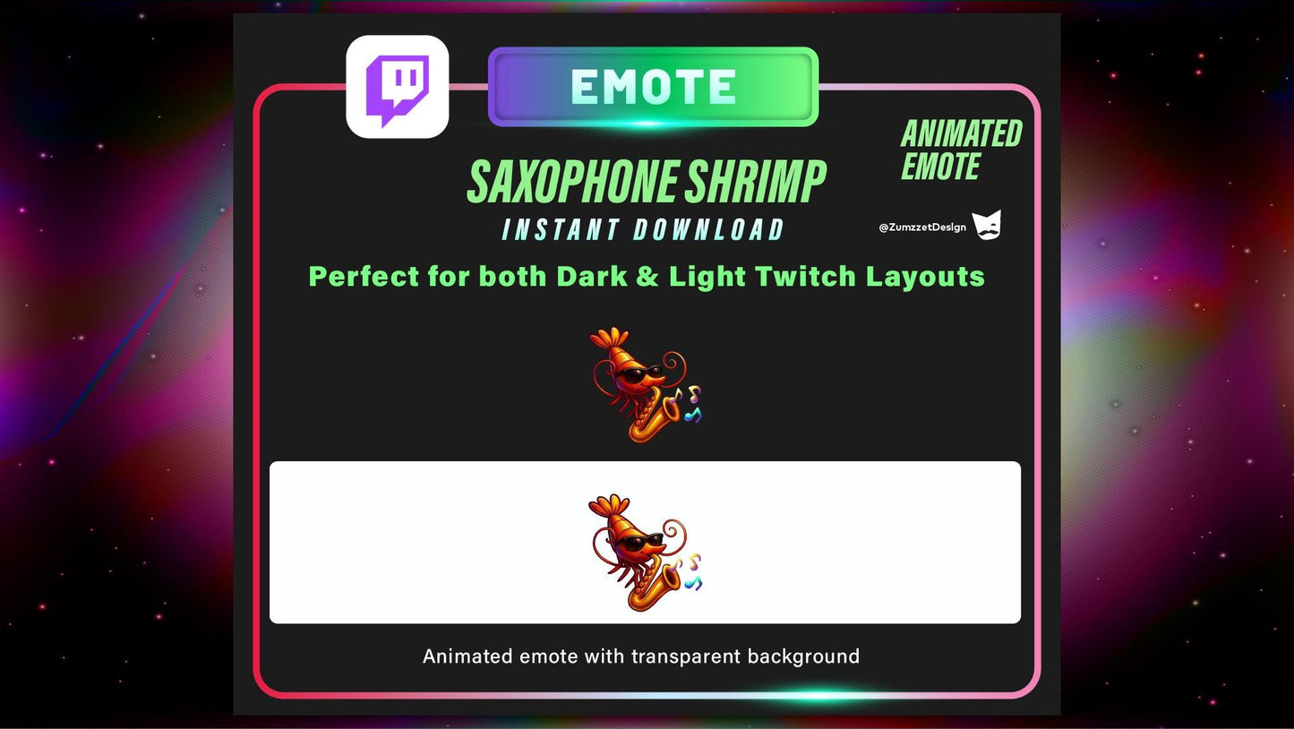 ANIMATED Saxophone Shrimp Emote Set for Twitch, Streamer, Stream Emotes, Party Emotes, Jazz Emotes, Music Emote, Dancing Emote