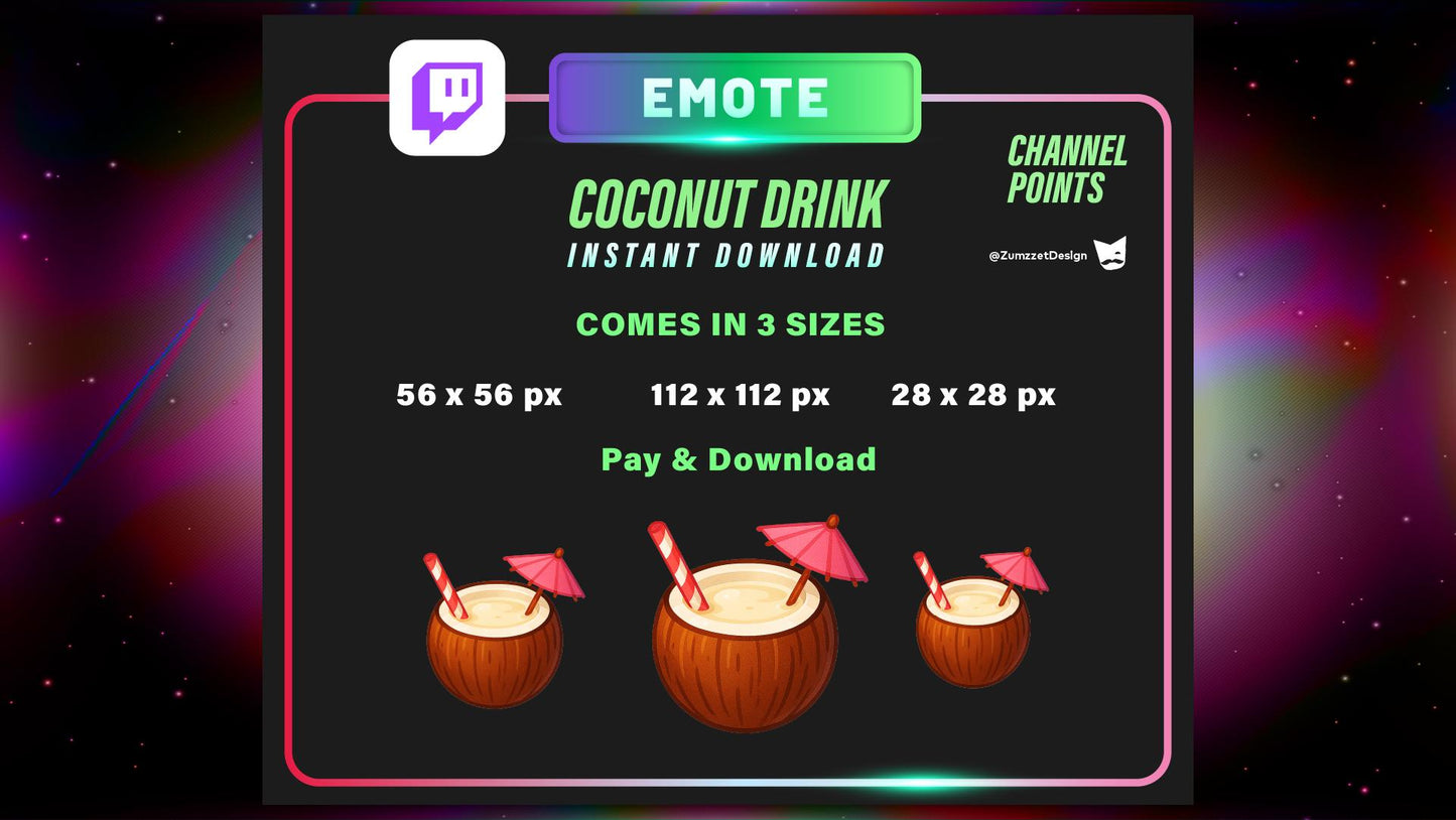 STATIC Coconut Drink Emote and Channel Point for Twitch, Streamer, Summer Emote, Drinks Emote