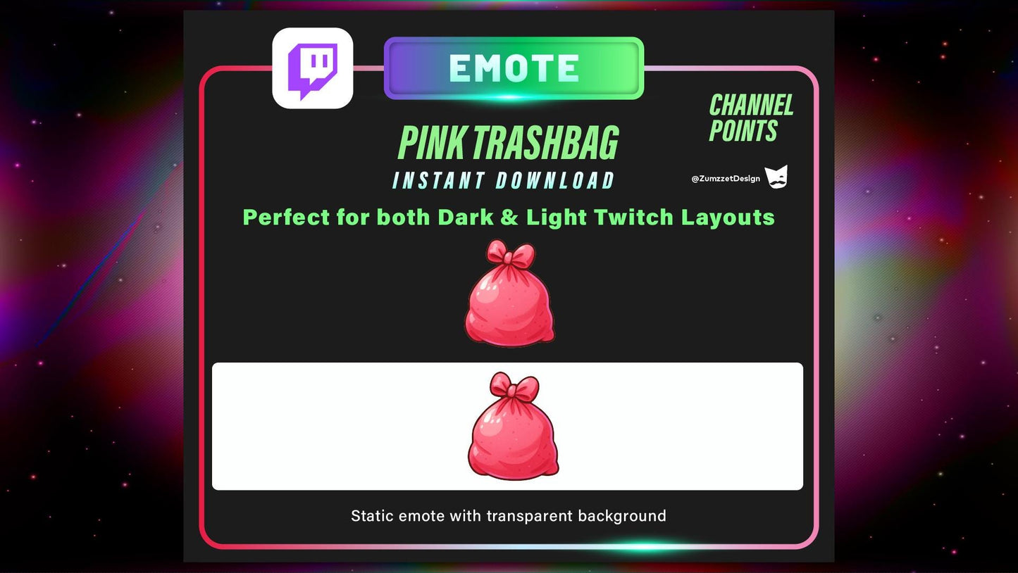 STATIC Pink Bow Trashbag Emote and Channel Points for Twitch, Streamer, Cute Emote