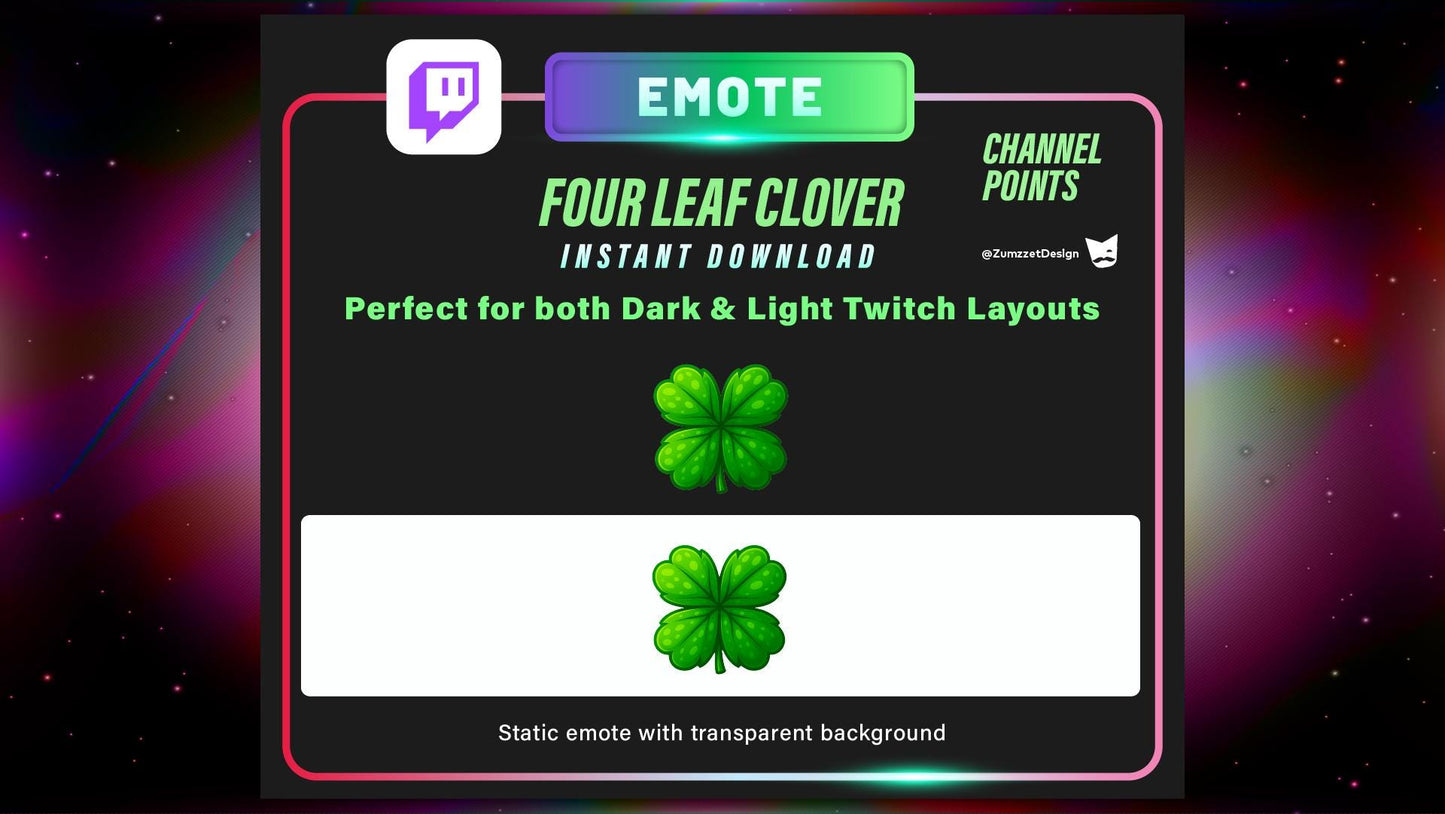 STATIC Lucky Clover Twitch Channel Point Emote – 4-Leaf Static PNG for Good Vibes & Streamer Rewards