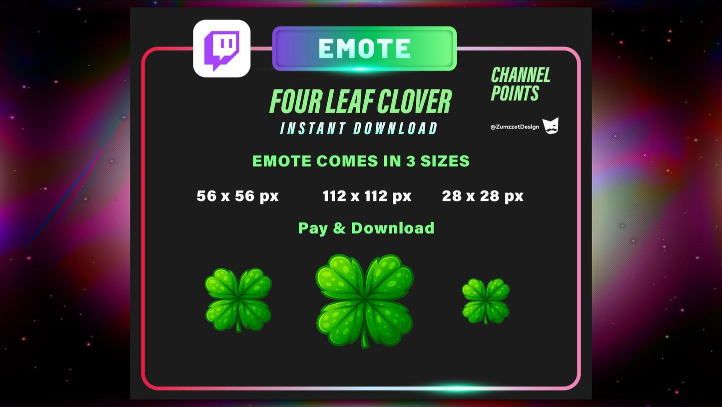 STATIC Lucky Clover Twitch Channel Point Emote – 4-Leaf Static PNG for Good Vibes & Streamer Rewards