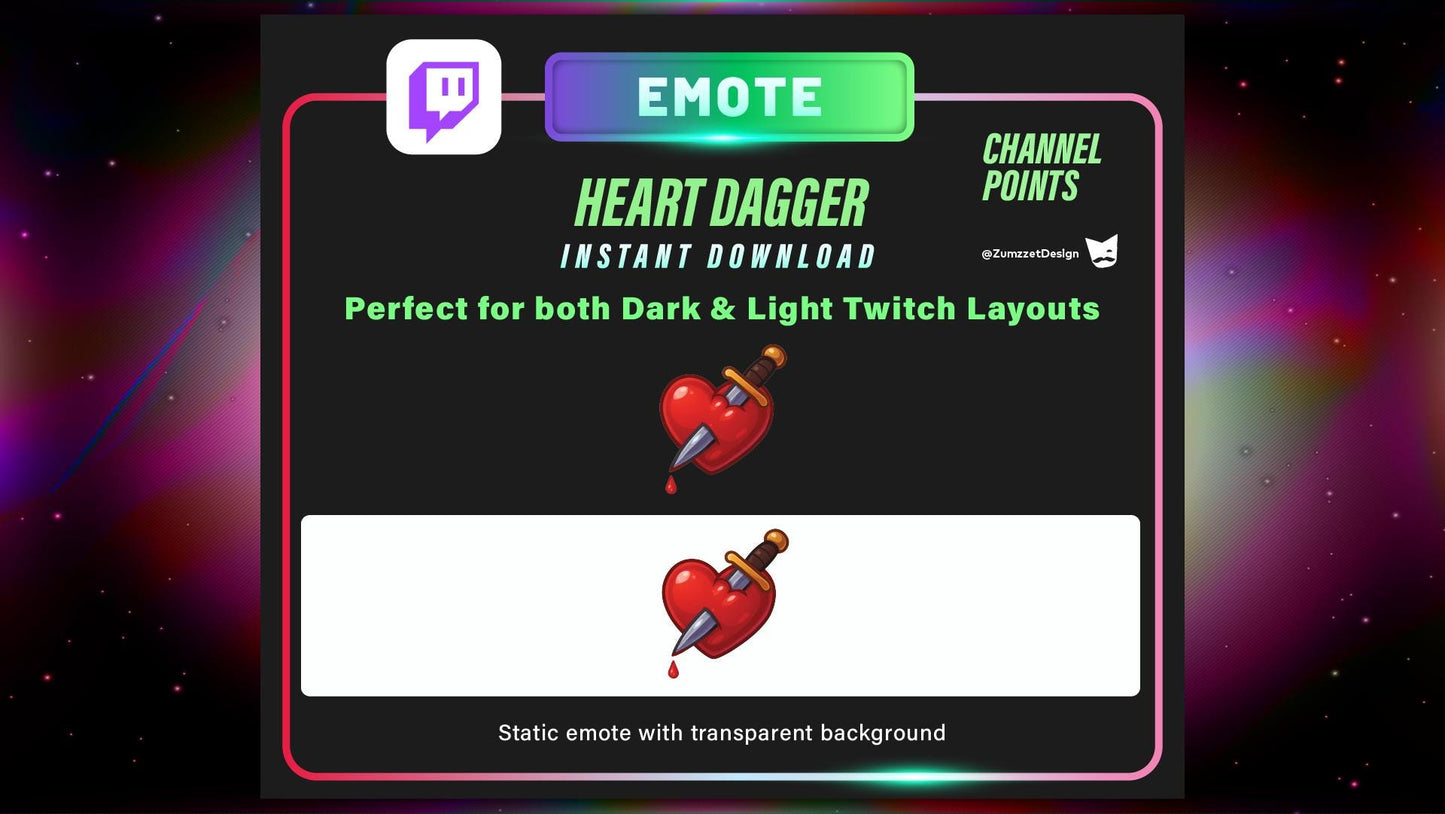 STATIC Dagger in Heart Emote and Channel Point for Twitch,  Static Sad Love Emote PNG for Drama, Betrayal & Edgy Reactions